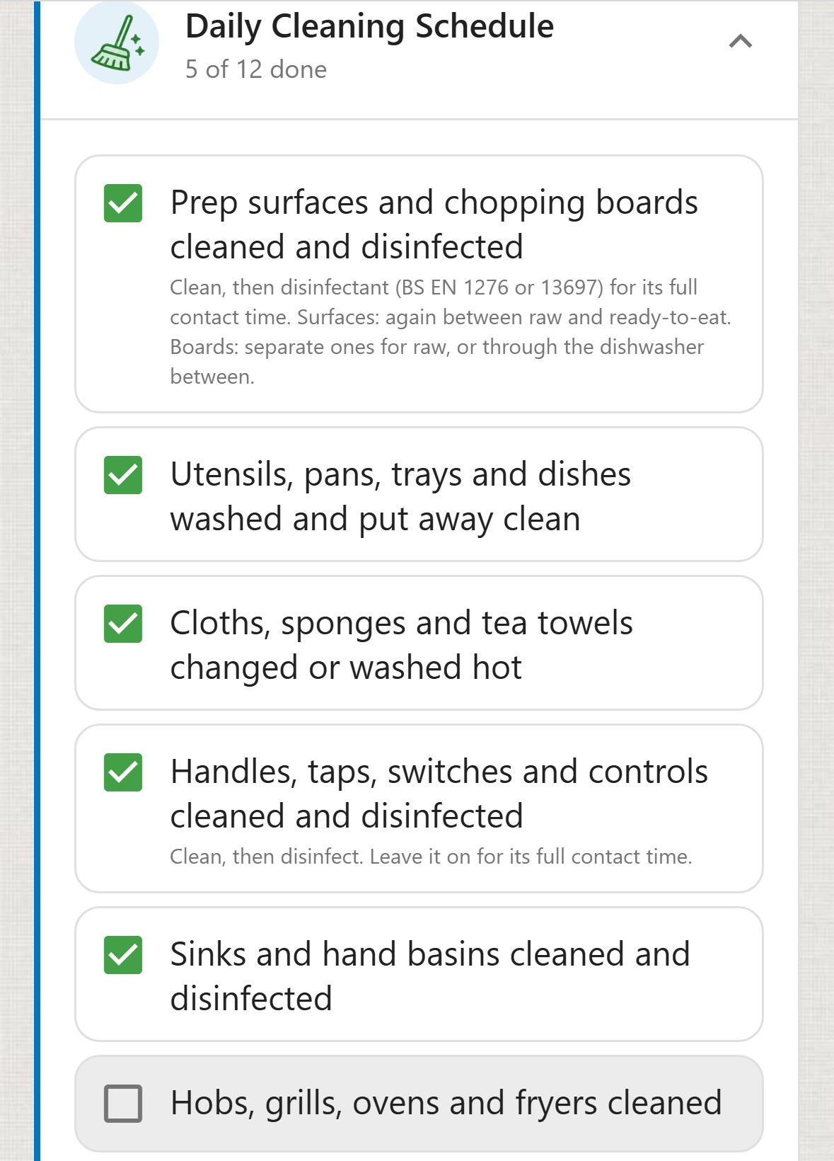 ChefsRecords, Checklists, Daily Cleaning Schedule, 5 of 12 done. Ticked: Prep surfaces and chopping boards cleaned and disinfected, with the note: Clean, then disinfectant (BS EN 1276 or 13697) for its full contact time. Surfaces: again between raw and ready-to-eat. Boards: separate ones for raw, or through the dishwasher between. Utensils, pans, trays and dishes washed and put away clean. Cloths, sponges and tea towels changed or washed hot. Handles, taps, switches and controls cleaned and disinfected. Sinks and hand basins cleaned and disinfected. Not yet ticked: Hobs, grills, ovens and fryers cleaned.