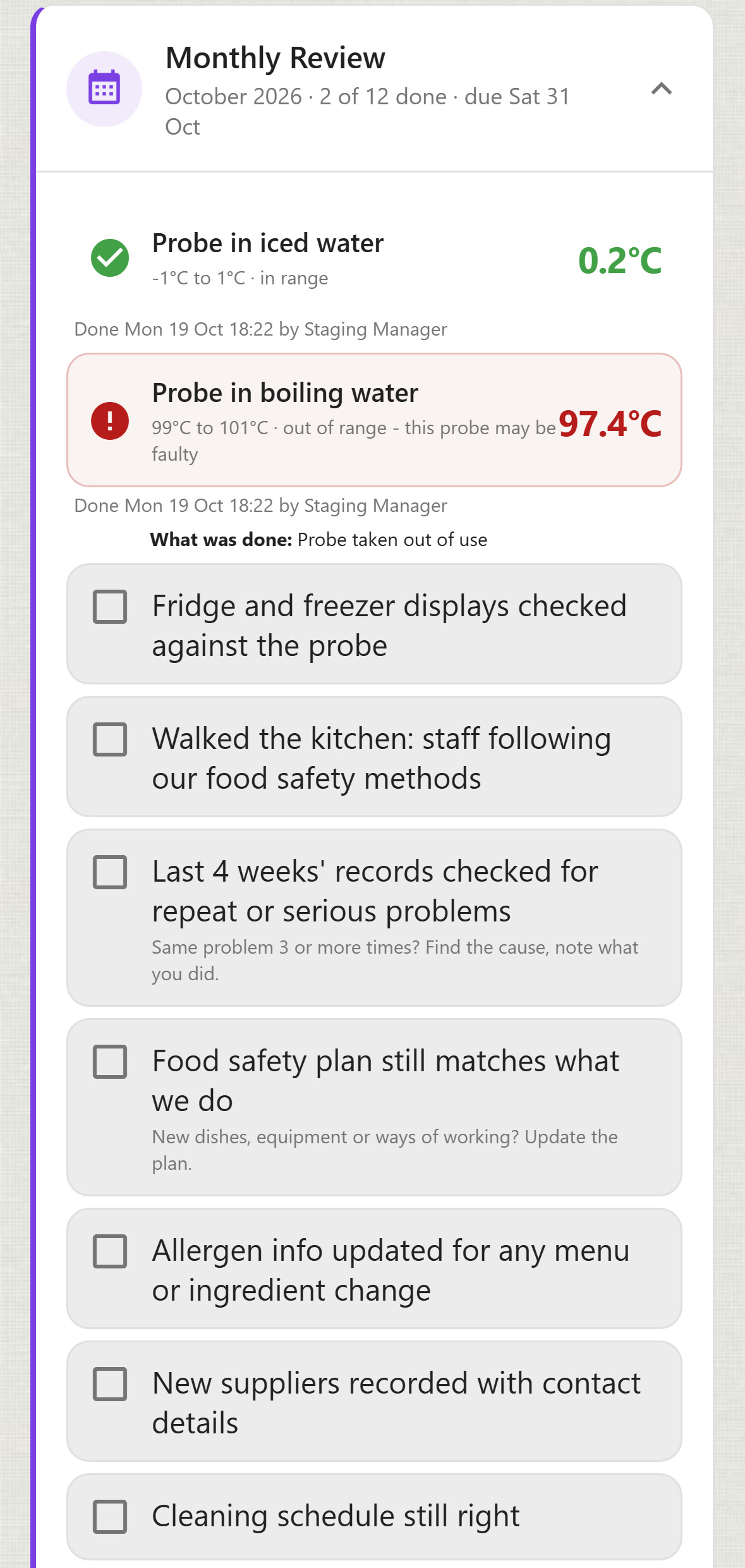 ChefsRecords Monthly Review checklist for October 2026. Probe in iced water reads 0.2&deg;C, in range. Probe in boiling water reads 97.4&deg;C, out of range, with What was done: Probe taken out of use. Below are tick lines for the look back, from fridge and freezer displays checked against the probe down to the cleaning schedule.