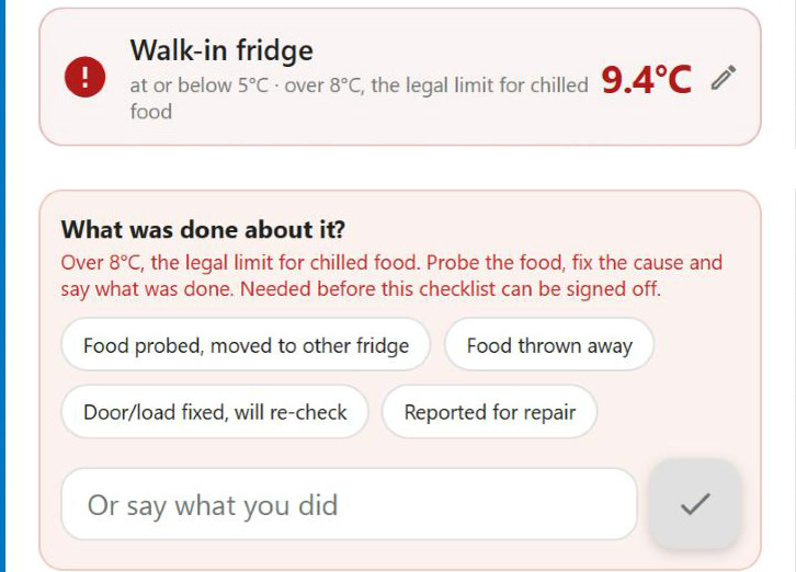 ChefsRecords opening checks: Walk-in fridge 9.4&deg;C in red, over 8&deg;C, the legal limit for chilled food. The app asks What was done about it?, offers quick answers such as Food probed, moved to other fridge, and says an answer is needed before the checklist can be signed off.