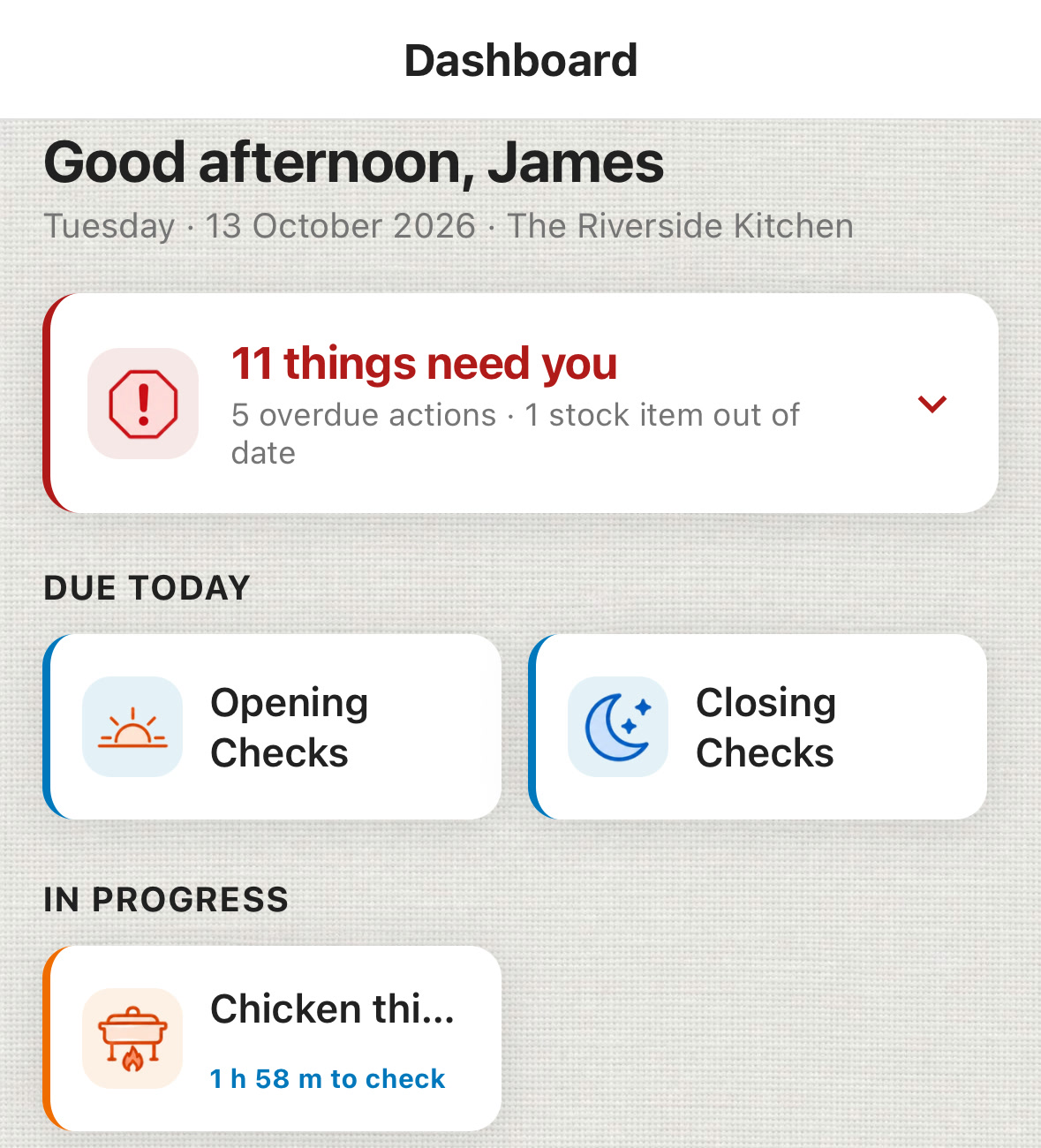 ChefsRecords Dashboard, In progress: Chicken thighs, 1 h 58 m to check.