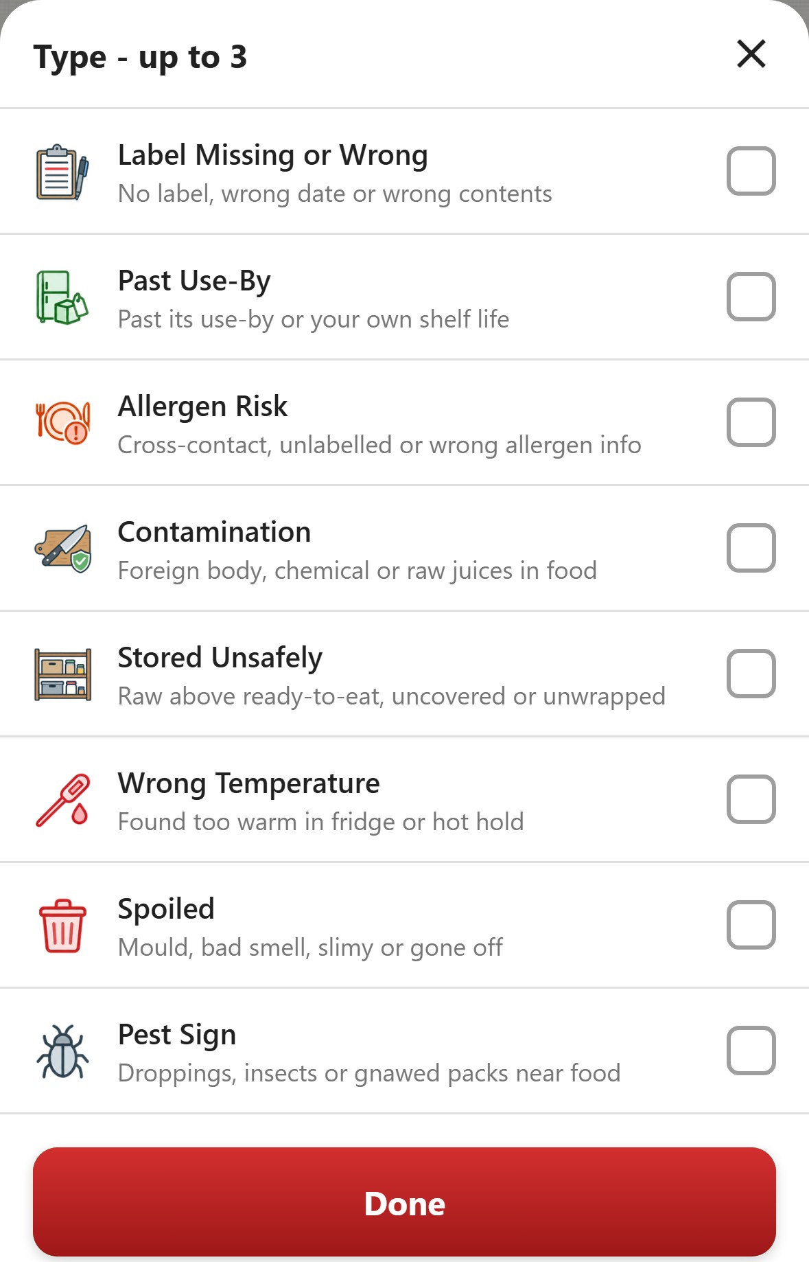 ChefsRecords Log Incident, Food category, Type - up to 3: Label Missing or Wrong; Past Use-By; Allergen Risk; Contamination; Stored Unsafely; Wrong Temperature; Spoiled; Pest Sign. A Done button.