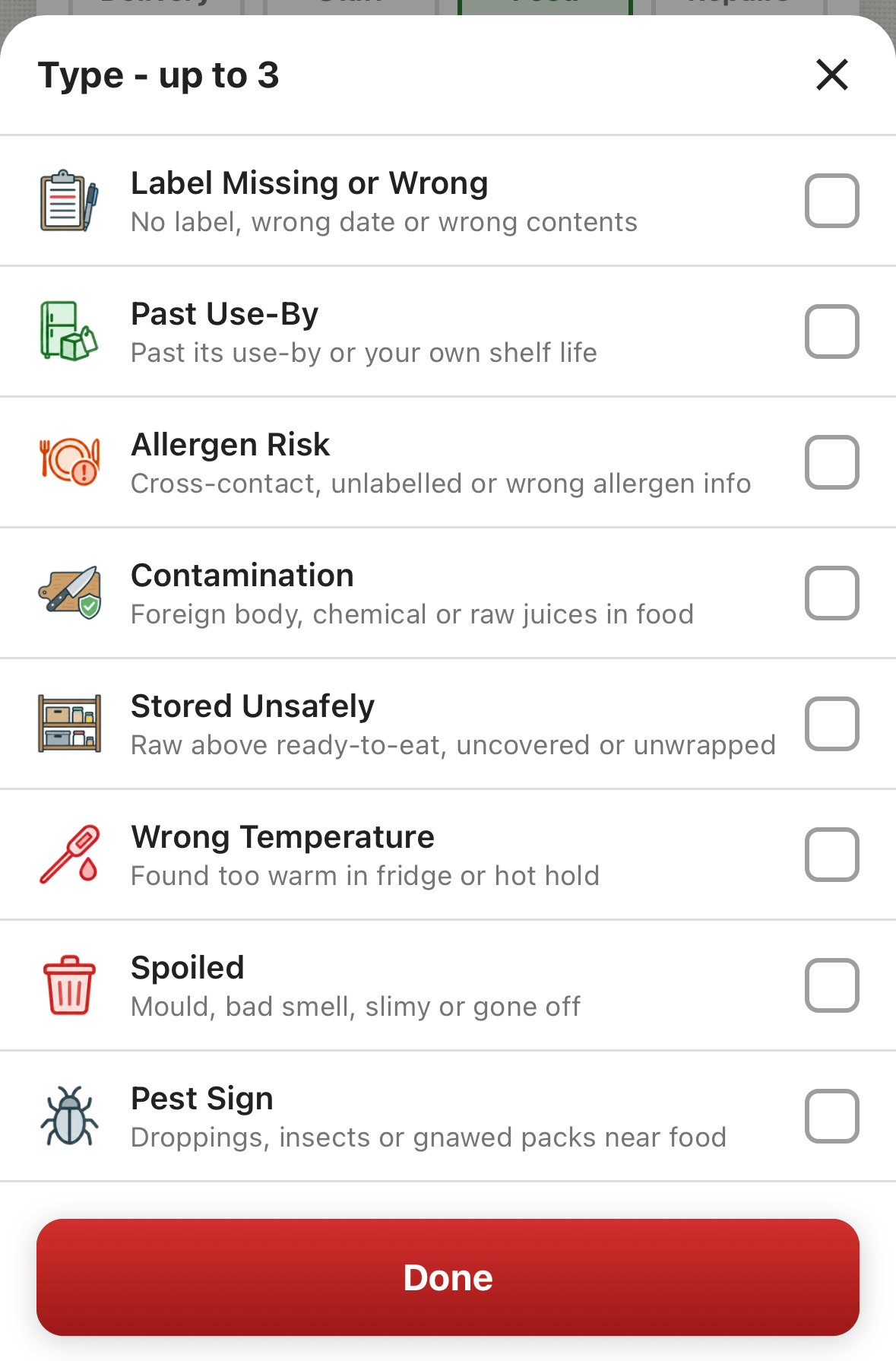 ChefsRecords Log Incident, Food category, Type - up to 3: Label Missing or Wrong; Past Use-By; Allergen Risk; Contamination; Stored Unsafely; Wrong Temperature; Spoiled; Pest Sign.