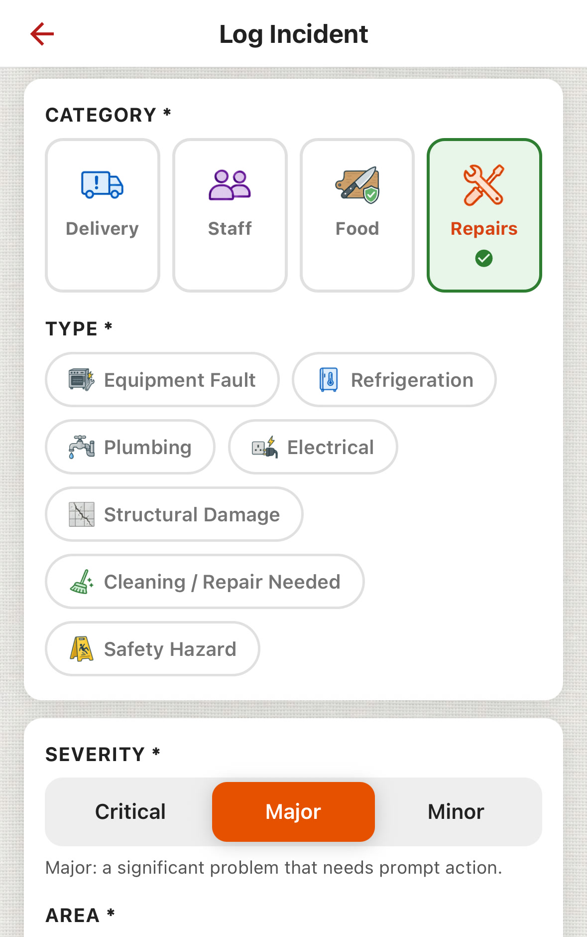 ChefsRecords Log Incident, Repairs category chosen. Types: Equipment Fault, Refrigeration, Plumbing, Electrical, Structural Damage, Cleaning / Repair Needed, Safety Hazard. Severity: Critical, Major (chosen), Minor. Major: a significant problem that needs prompt action.