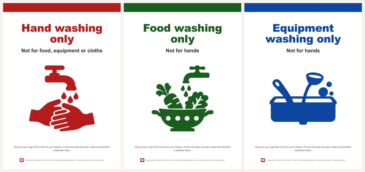 Three A4 sink signs from ChefsRecords. Red: Hand washing only, not for food, equipment or cloths, with two hands under a running tap. Green: Food washing only, not for hands, with a colander of carrot and lettuce under a tap. Blue: Equipment washing only, not for hands, with a saucepan handle and a ladle in a sink. Each says: Only put up a sign that is true for your kitchen. If one sink does two jobs, clean and disinfect it between them.