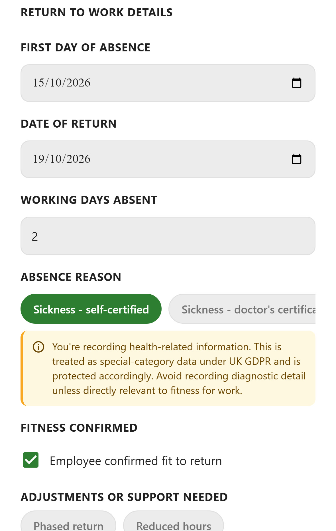 ChefsRecords Return to Work form: First day of absence 15/10/2026, Date of return 19/10/2026, Working days absent 2, Absence reason Sickness - self-certified, a notice that this is health-related information treated as special-category data under UK GDPR, and Fitness confirmed ticked: Employee confirmed fit to return.