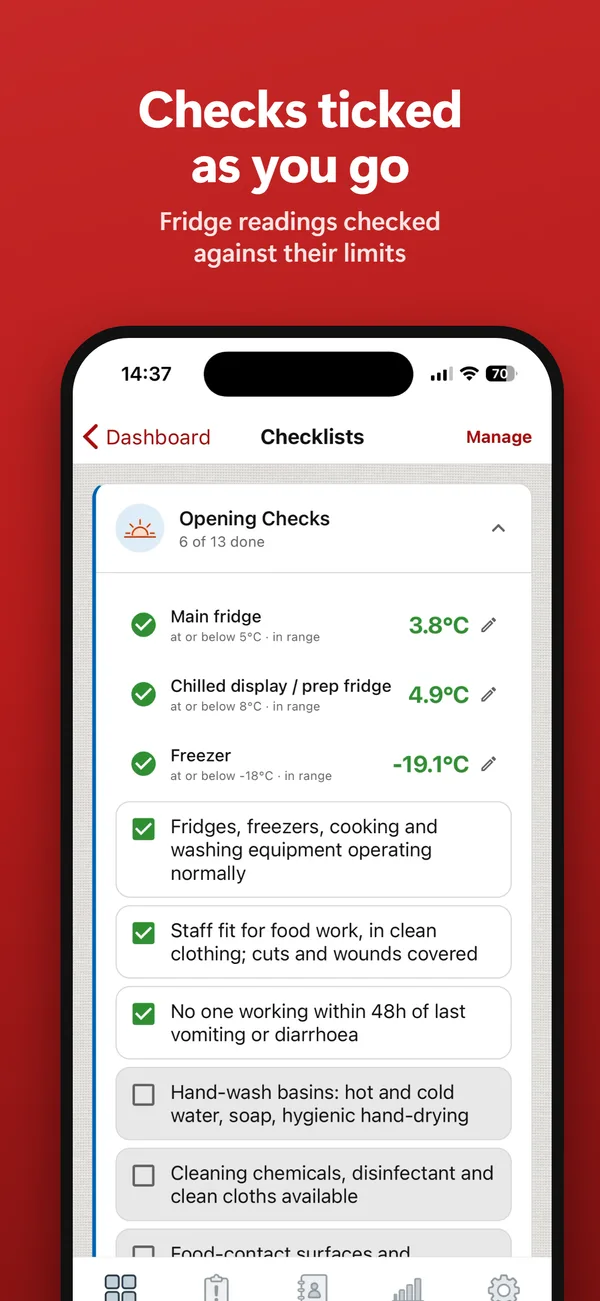 Checks ticked as you go - opening checks with fridge readings checked against their limits