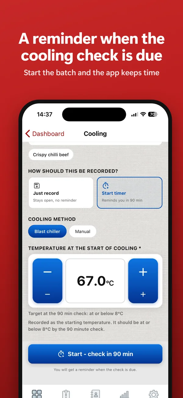 A reminder when the cooling check is due - starting a cooling record with a timer